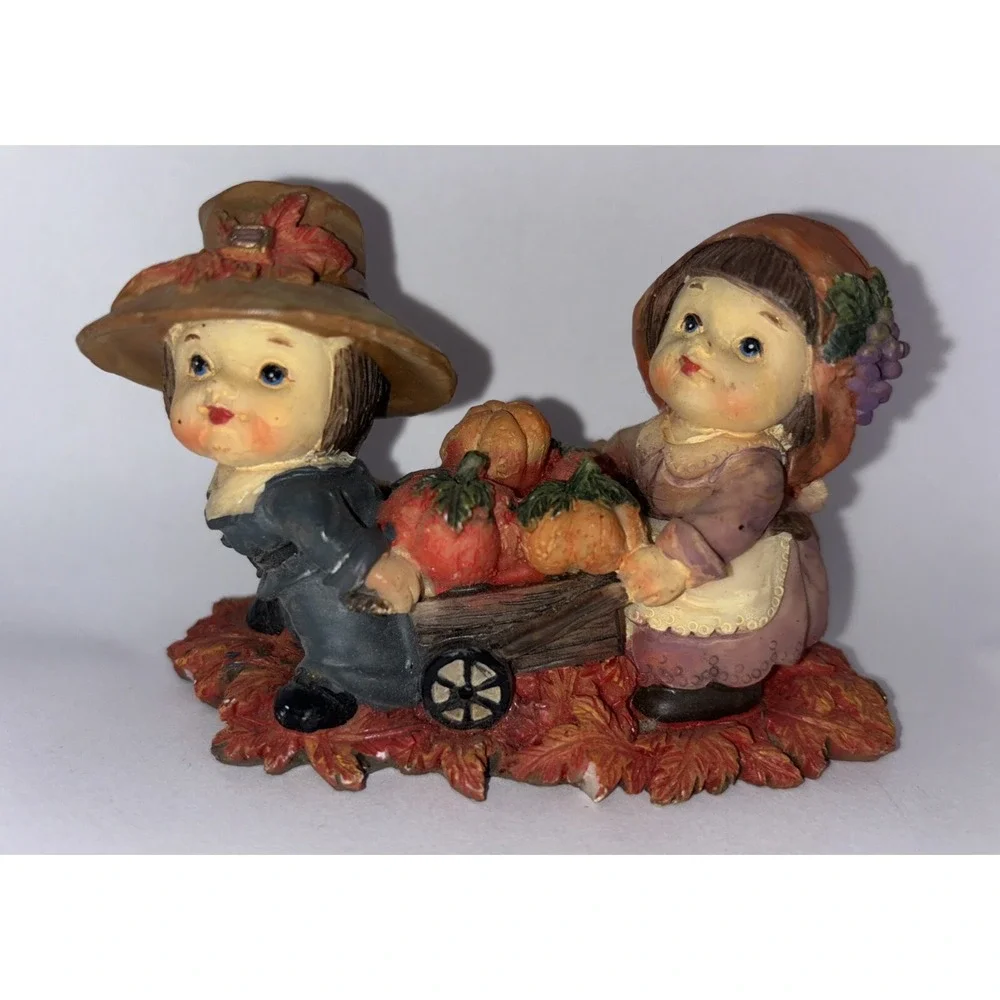 Thanksgiving Fall Little Pilgrims With Pumpkins Resin Figurine 3